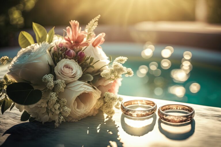 wedding-rings-pool-with-bouquet-flowers